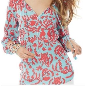 Lilly Pulitzer Etta V-Neck Shorely Blue Don't Be Shellfish Size M